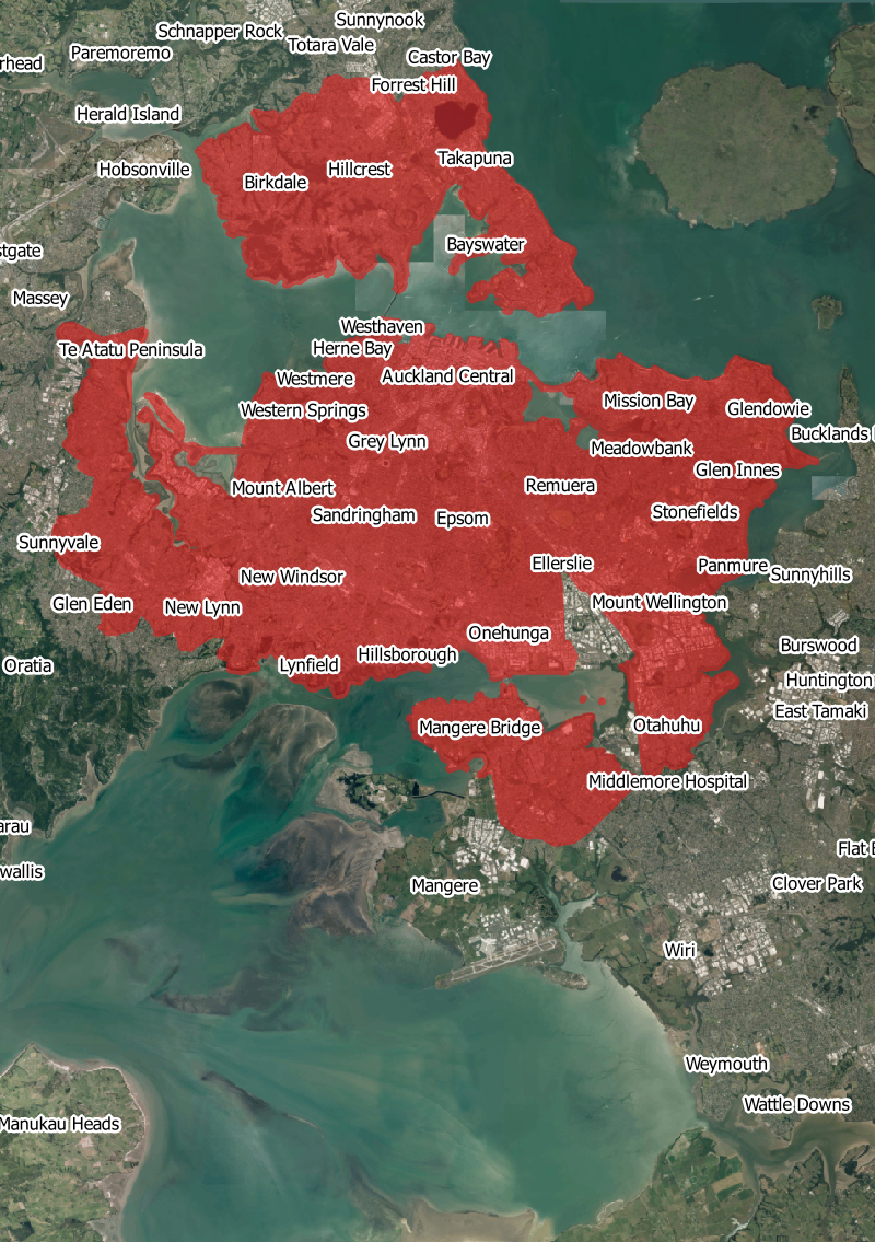 Map of Auckland as it might be at 5,200 people per square kilometre