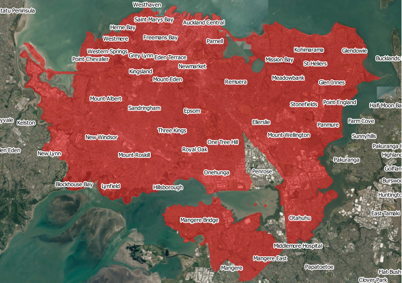 Map of Auckland as it might be at 7,700 people per square kilometre