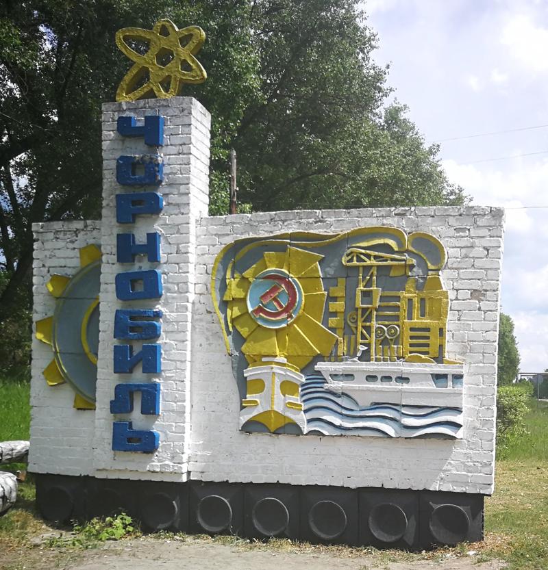 Sign welcoming people entering the town of Chernobyl