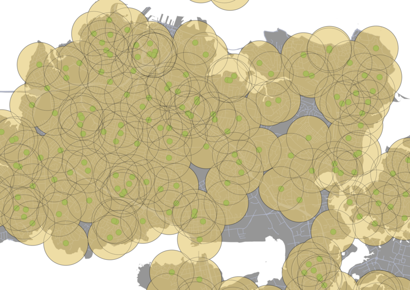 Map showing 1km buffer area around schools in the Auckland isthmus. The buffers cover almost all of the city.