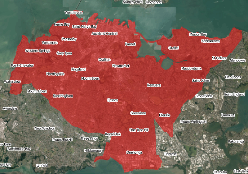 Map of Auckland as it might be at 15,000 people per square kilometre