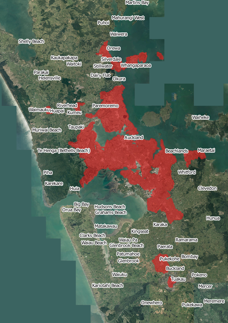 Map of the area of Auckland used for the density statistic of 2200 people per square kilometre