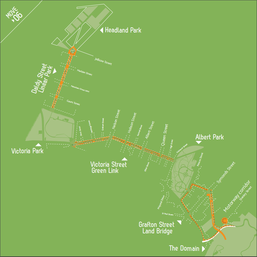 Map of Auckland City Centre from City Centre Masterplan, showing proposed "green links" between parks