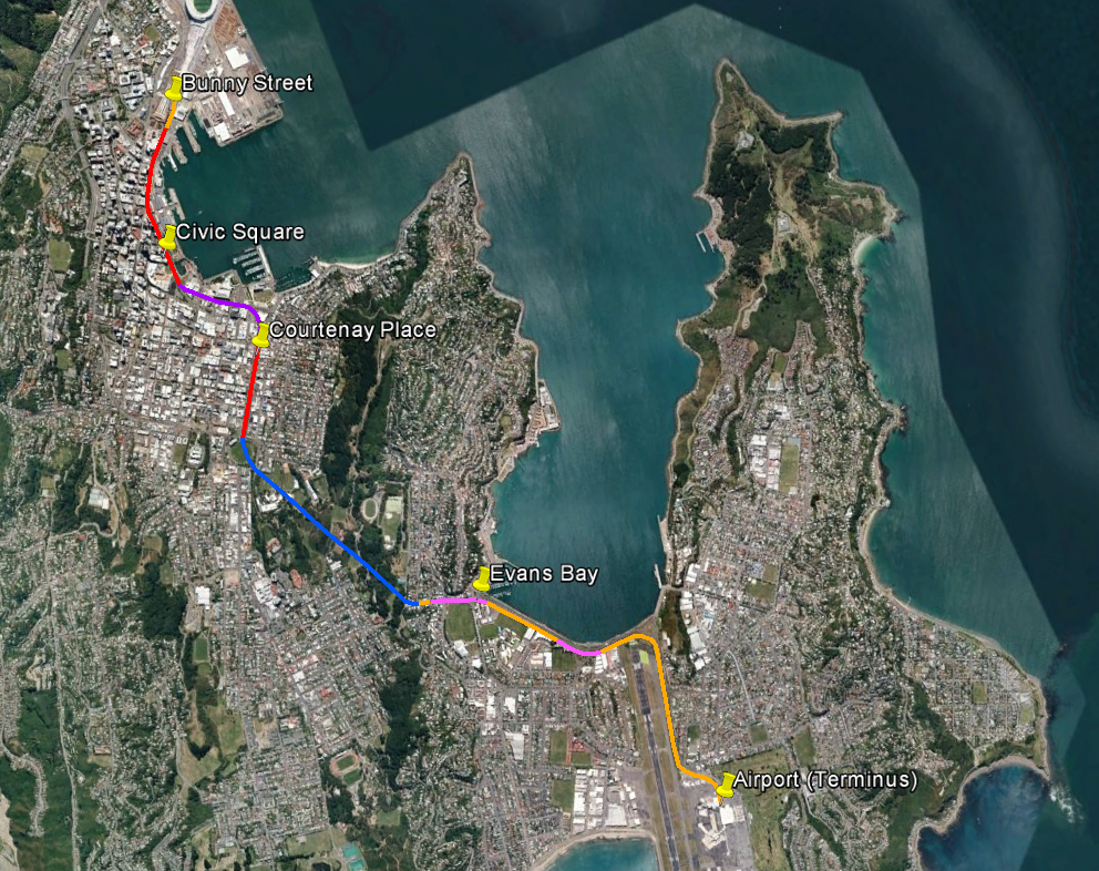 Map of proposed rail route, Wellington Station to Airport via Mount Victoria