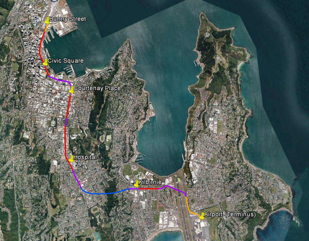 Map of proposed rail route, Wellington Station to Airport via Newtown