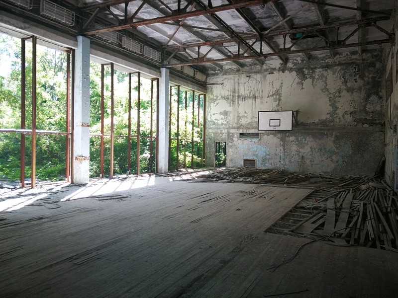 An destroyed indoor basketball court